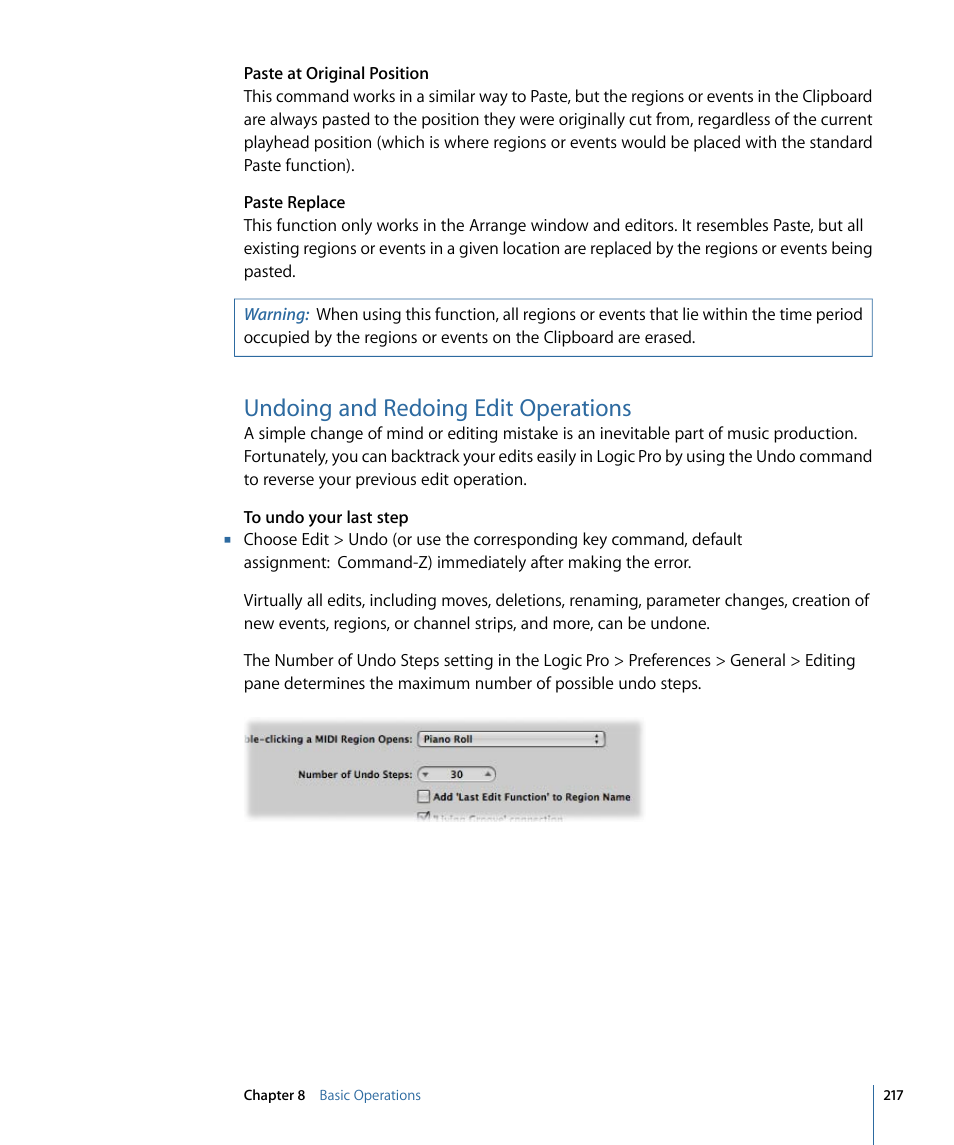 Undoing and redoing edit operations | Apple Logic Pro 9 User Manual | Page 217 / 1340