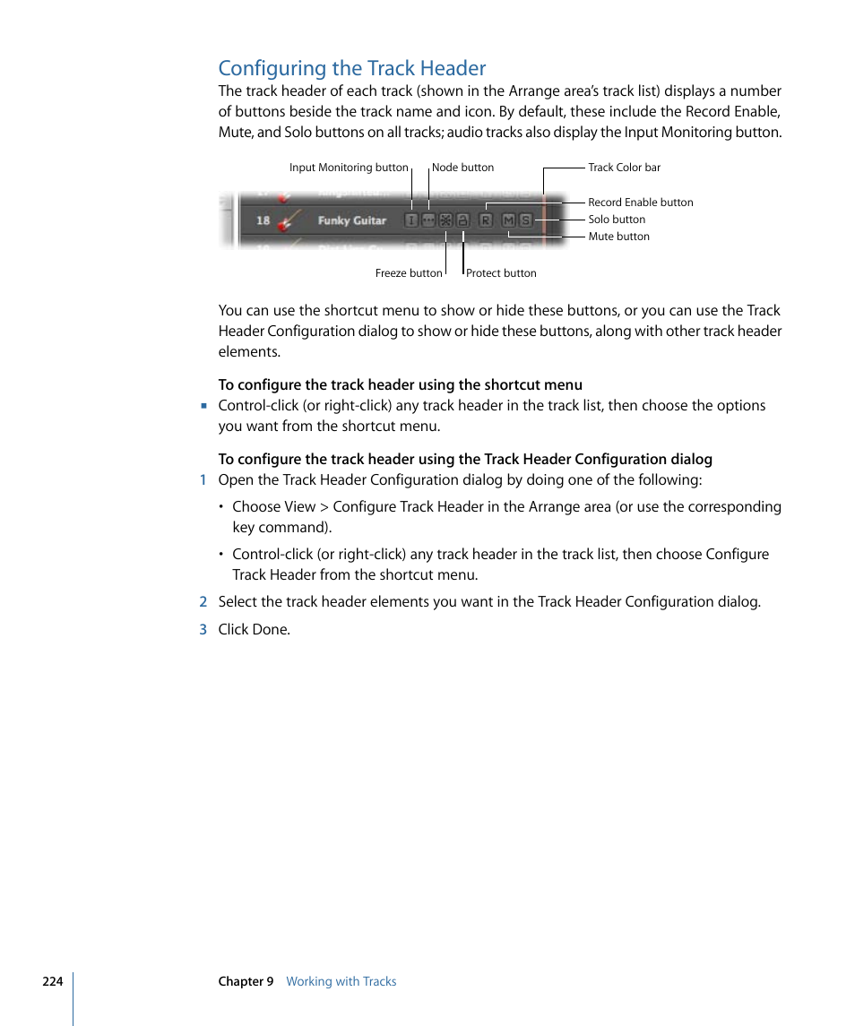 Configuring the track header | Apple Logic Pro 9 User Manual | Page 224 / 1340