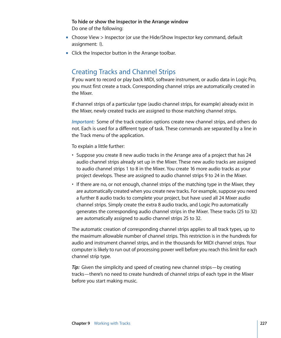 Creating tracks and channel strips | Apple Logic Pro 9 User Manual | Page 227 / 1340