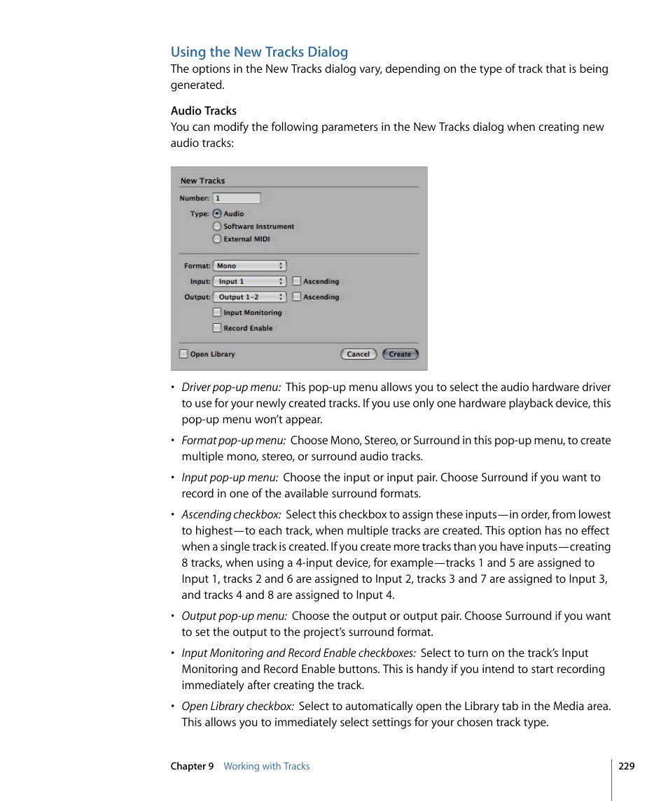 Using the new tracks dialog | Apple Logic Pro 9 User Manual | Page 229 / 1340