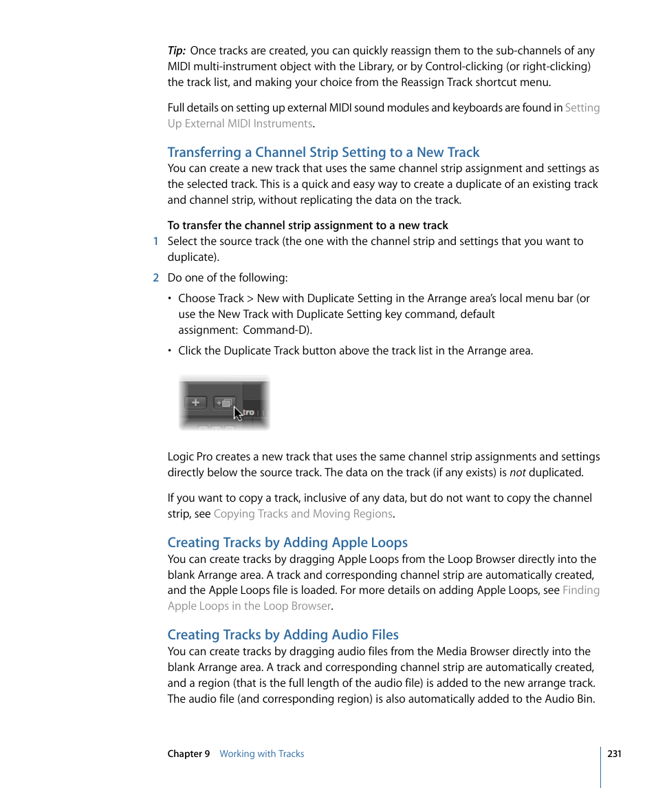 Creating tracks by adding apple loops, Creating tracks by adding audio files | Apple Logic Pro 9 User Manual | Page 231 / 1340