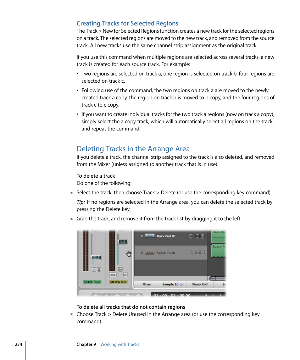 Creating tracks for selected regions, Deleting tracks in the arrange area | Apple Logic Pro 9 User Manual | Page 234 / 1340