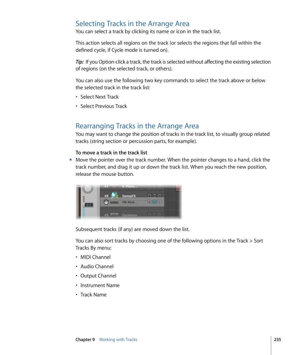 Selecting tracks in the arrange area, Rearranging tracks in the arrange area | Apple Logic Pro 9 User Manual | Page 235 / 1340
