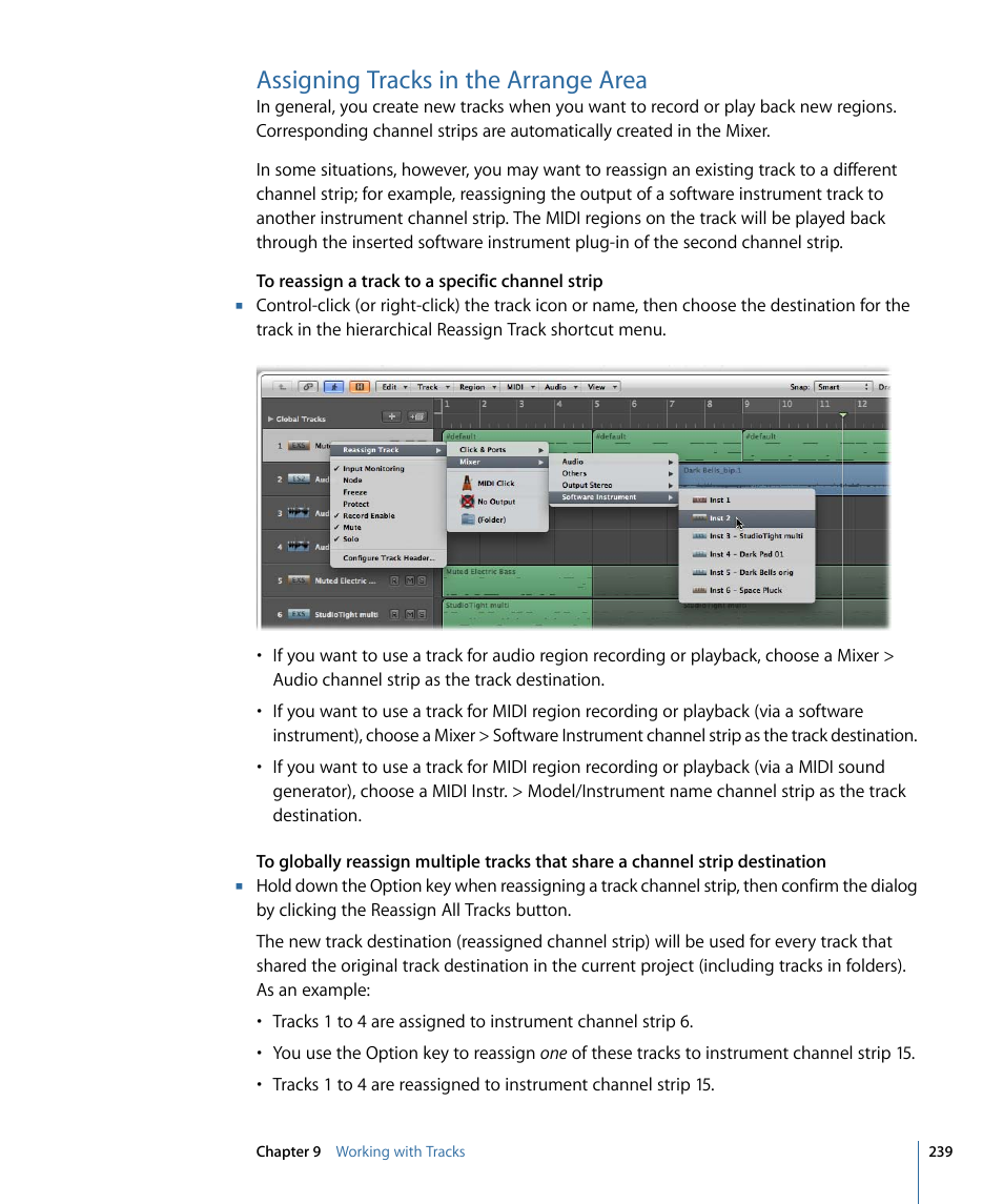Assigning tracks in the arrange area | Apple Logic Pro 9 User Manual | Page 239 / 1340