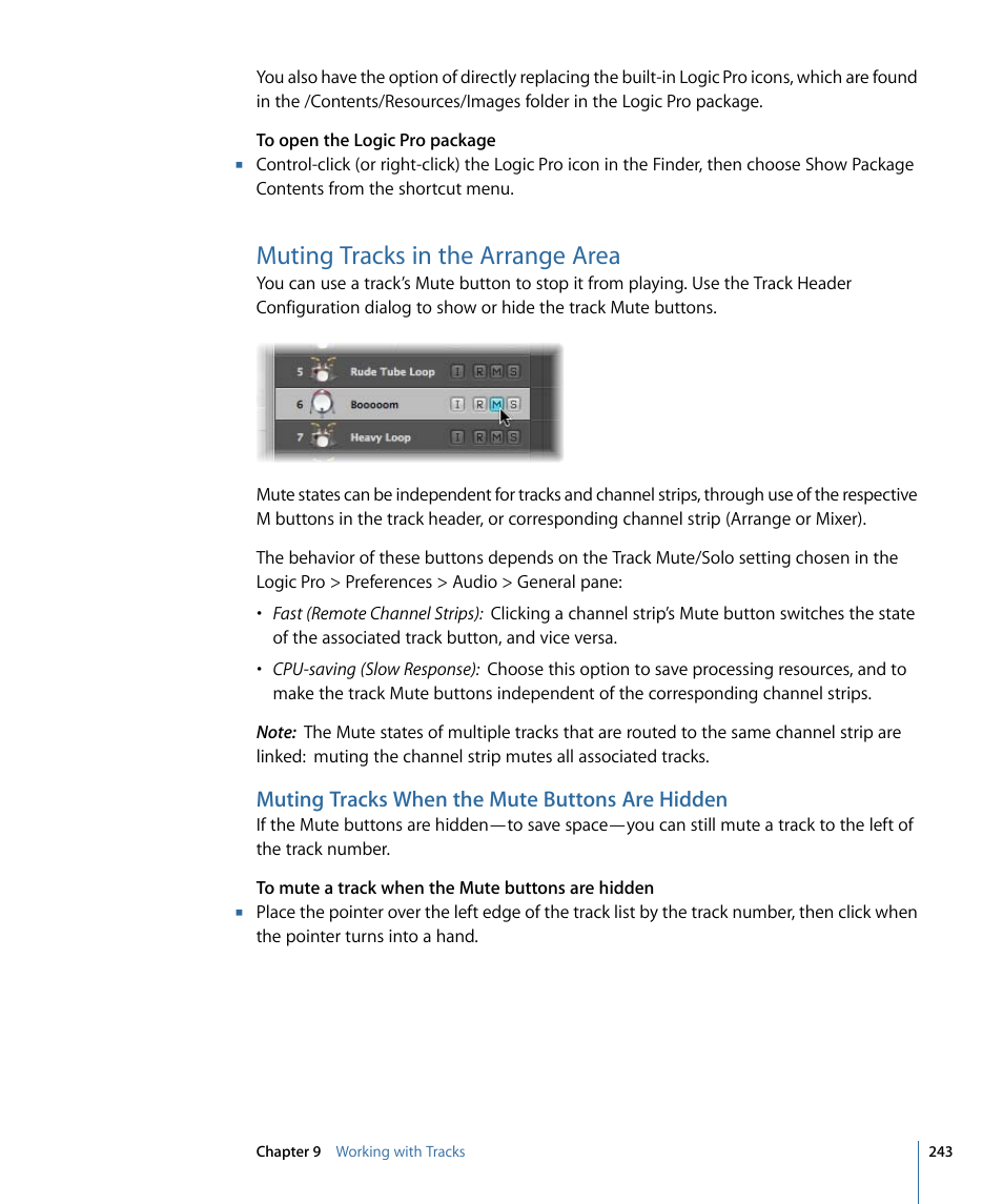 Muting tracks in the arrange area, Muting tracks when the mute buttons are hidden | Apple Logic Pro 9 User Manual | Page 243 / 1340