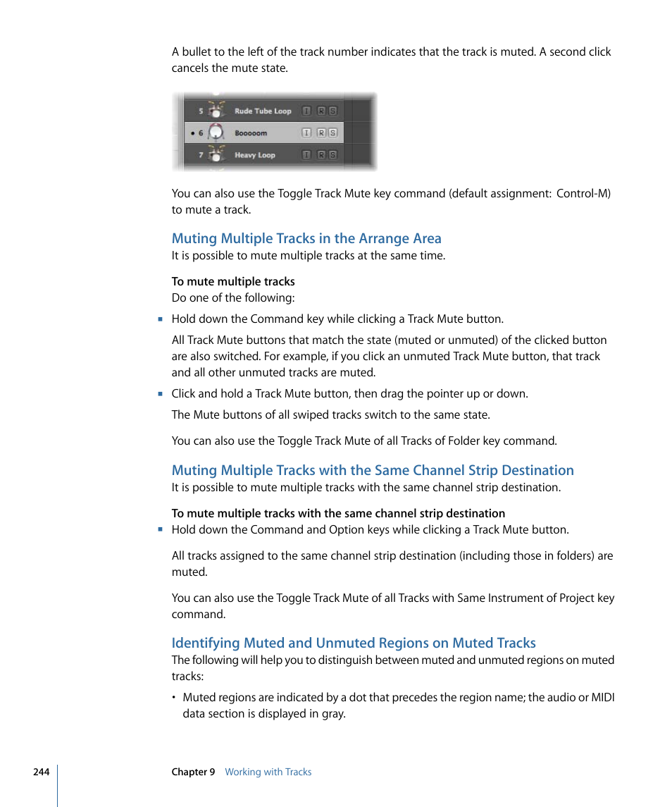 Muting multiple tracks in the arrange area | Apple Logic Pro 9 User Manual | Page 244 / 1340