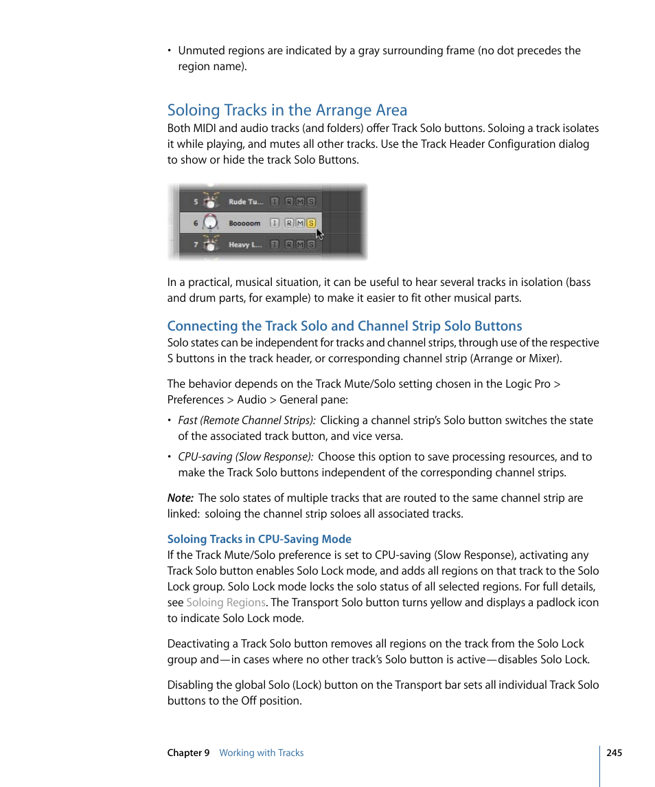 Soloing tracks in the arrange area, Soloing tracks in cpu-saving mode | Apple Logic Pro 9 User Manual | Page 245 / 1340