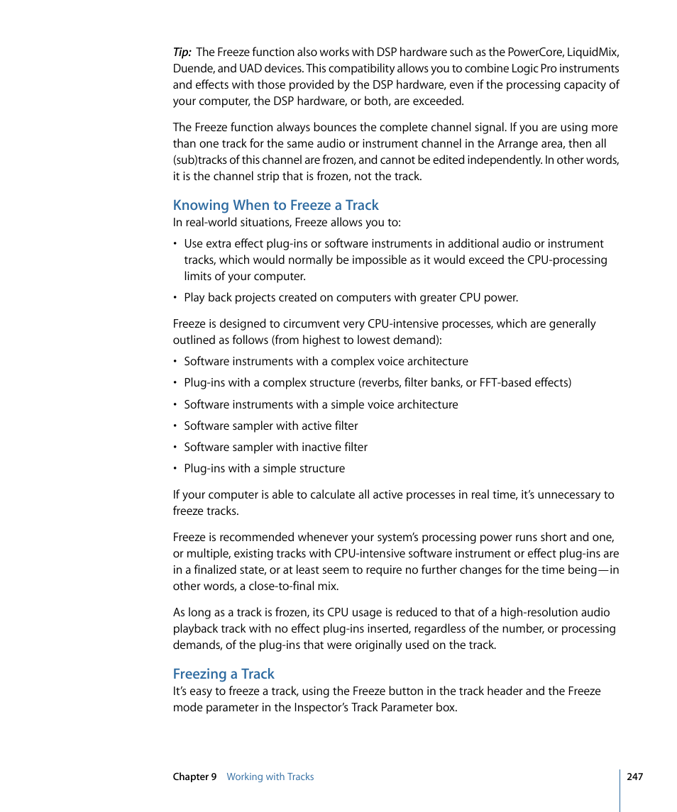 Knowing when to freeze a track, Freezing a track | Apple Logic Pro 9 User Manual | Page 247 / 1340