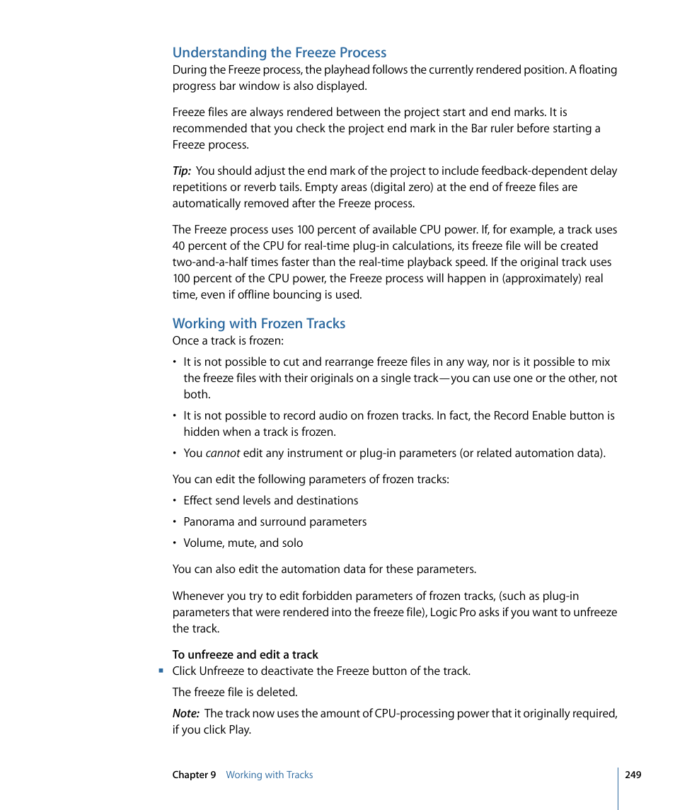 Understanding the freeze process, Working with frozen tracks | Apple Logic Pro 9 User Manual | Page 249 / 1340
