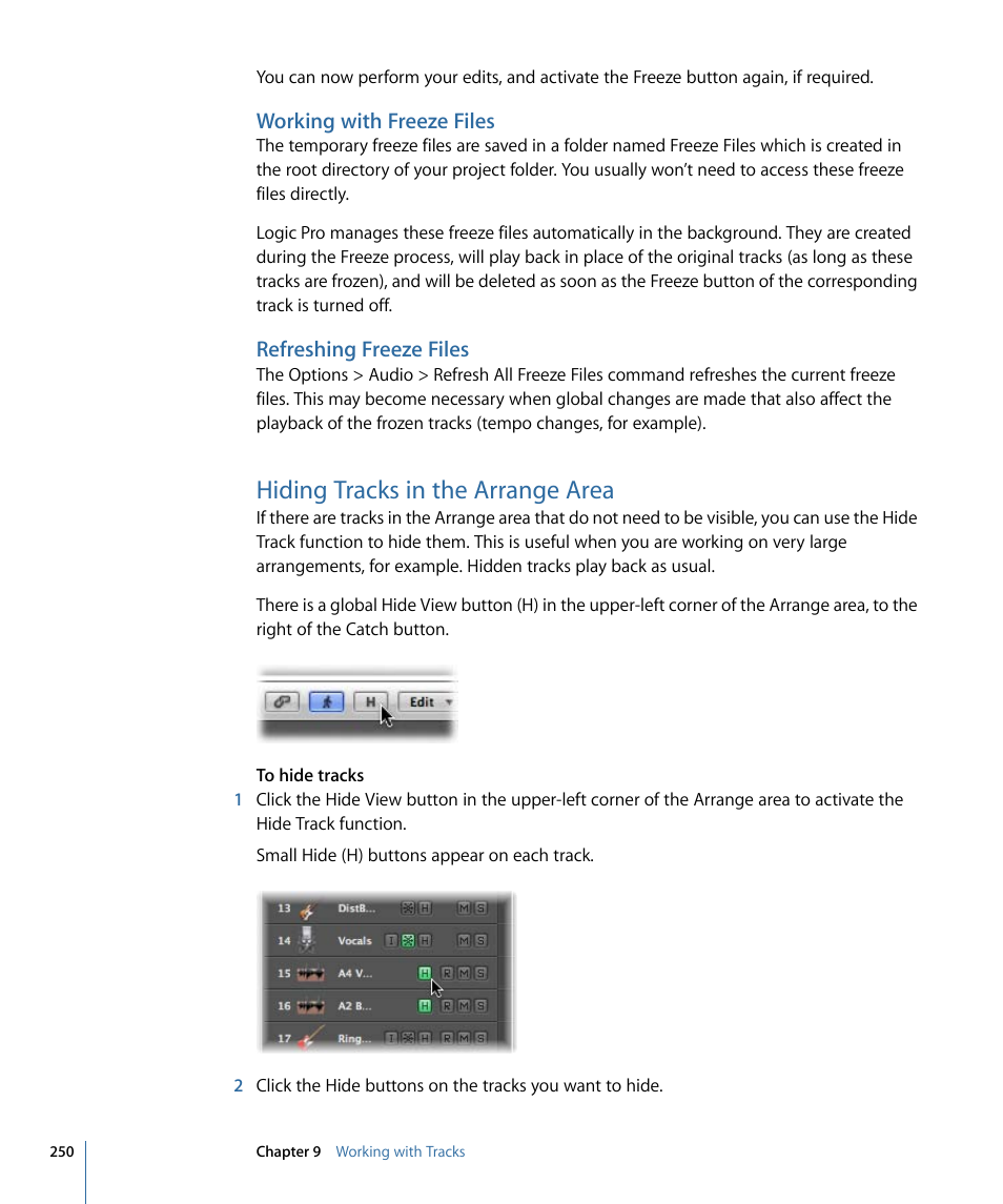 Working with freeze files, Refreshing freeze files, Hiding tracks in the arrange area | Apple Logic Pro 9 User Manual | Page 250 / 1340