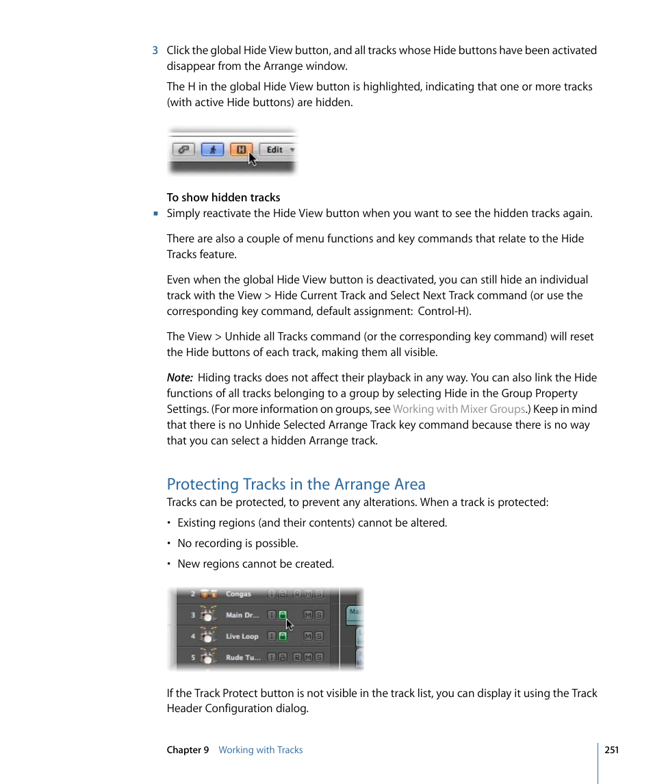 Protecting tracks in the arrange area | Apple Logic Pro 9 User Manual | Page 251 / 1340