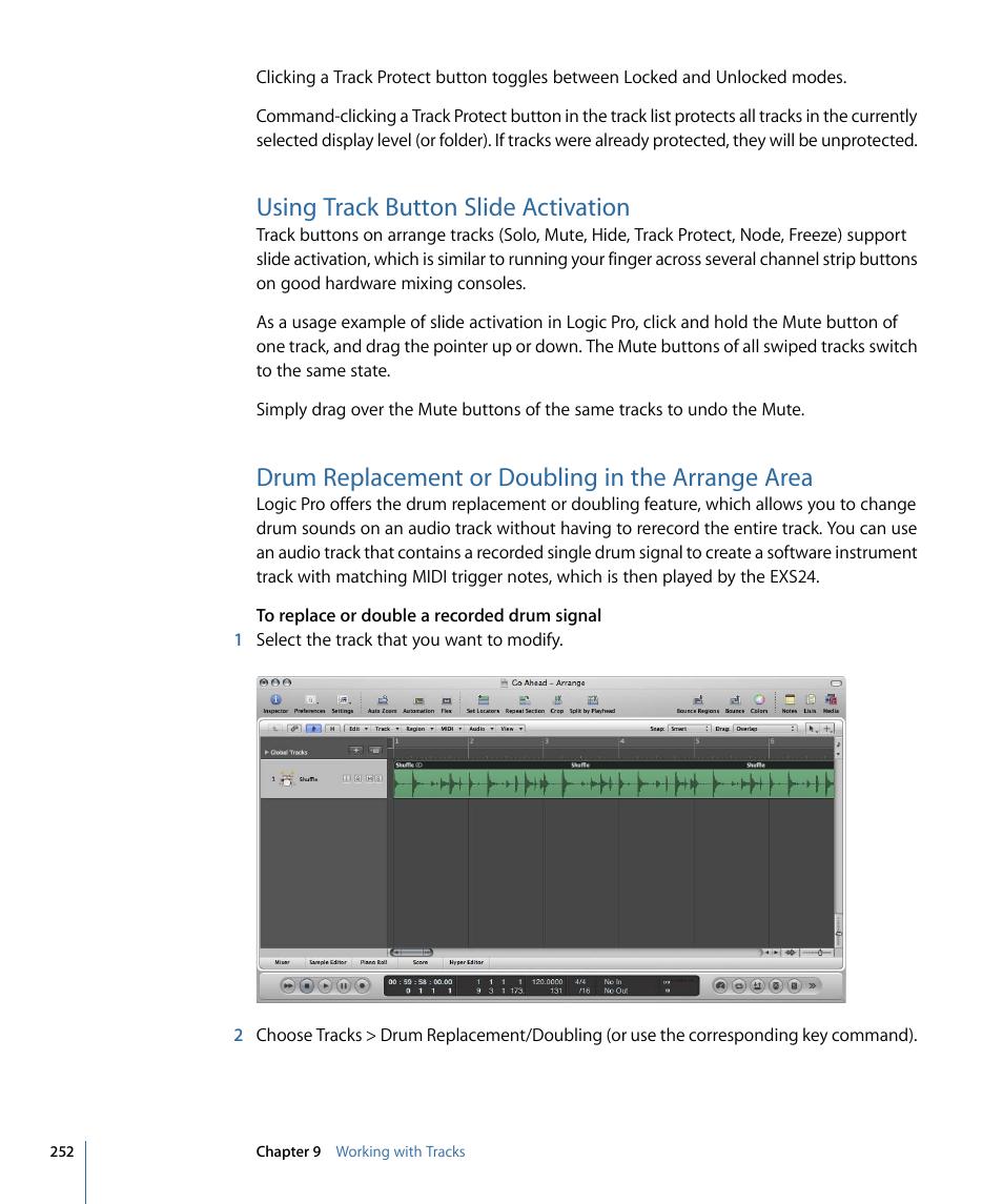 Using track button slide activation, Drum replacement or doubling in the arrange area | Apple Logic Pro 9 User Manual | Page 252 / 1340