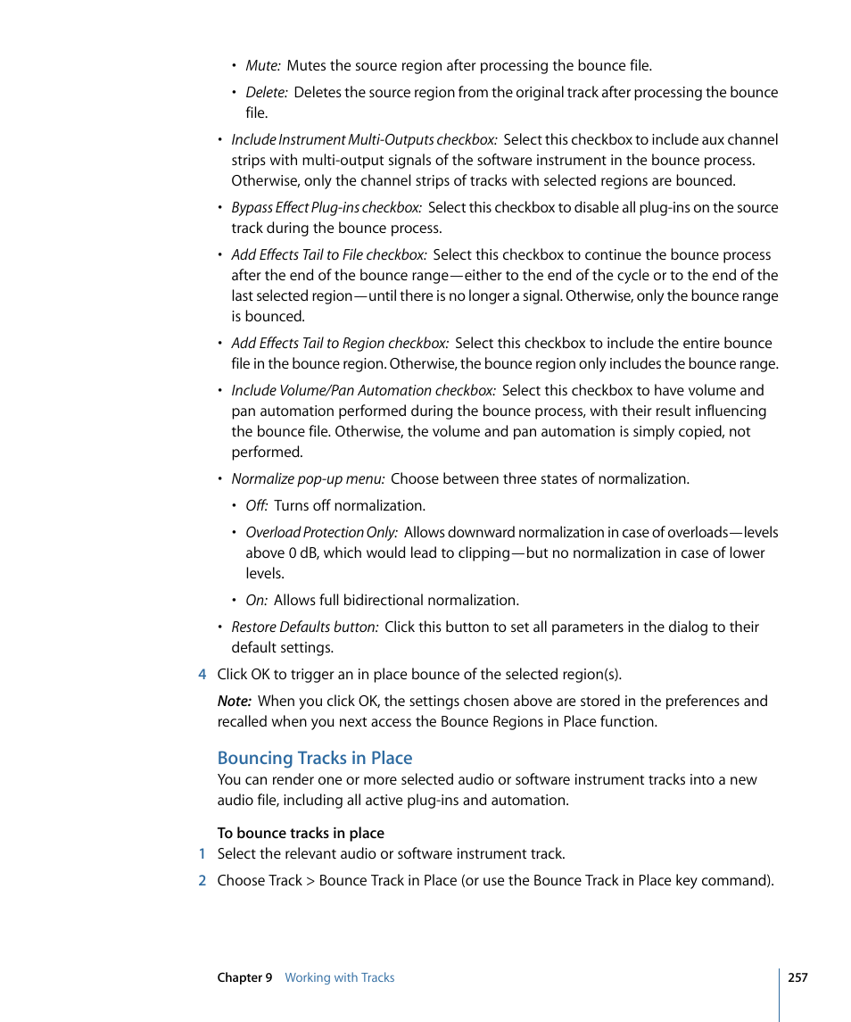 Bouncing tracks in place | Apple Logic Pro 9 User Manual | Page 257 / 1340