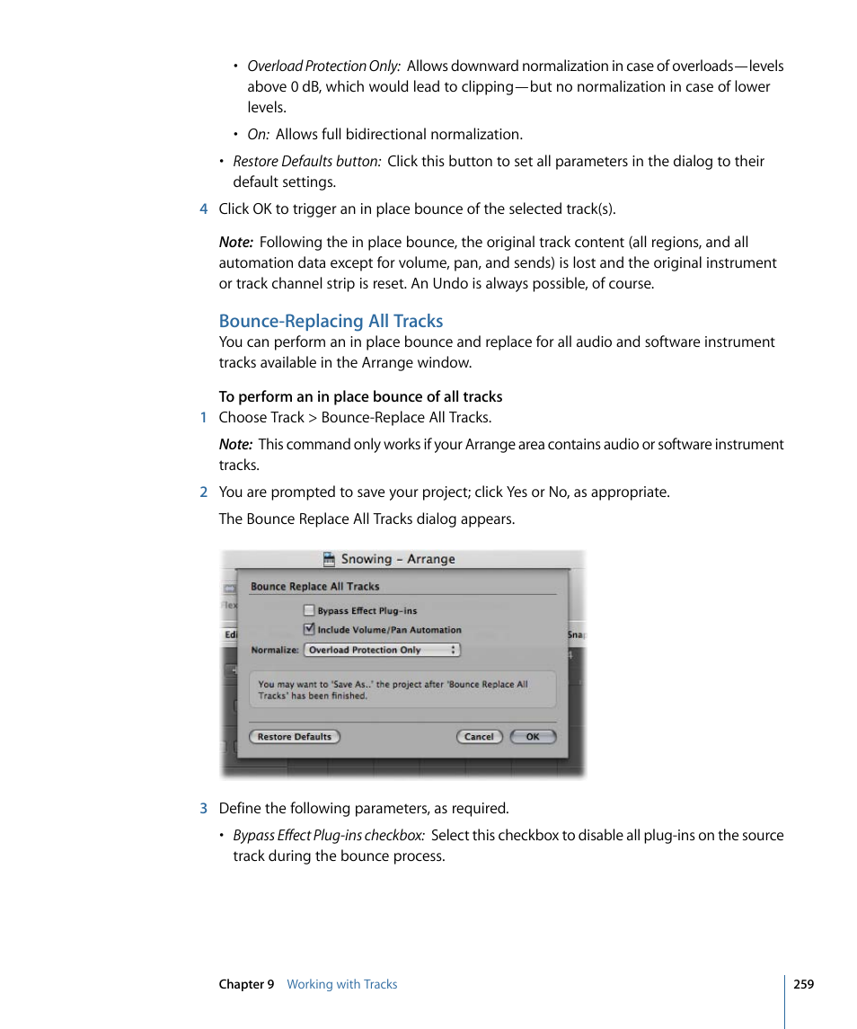 Bounce-replacing all tracks | Apple Logic Pro 9 User Manual | Page 259 / 1340