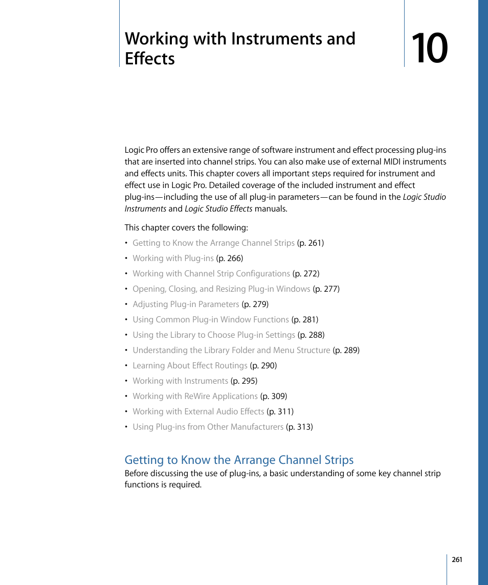 Working with instruments and effects, Getting to know the arrange channel strips | Apple Logic Pro 9 User Manual | Page 261 / 1340