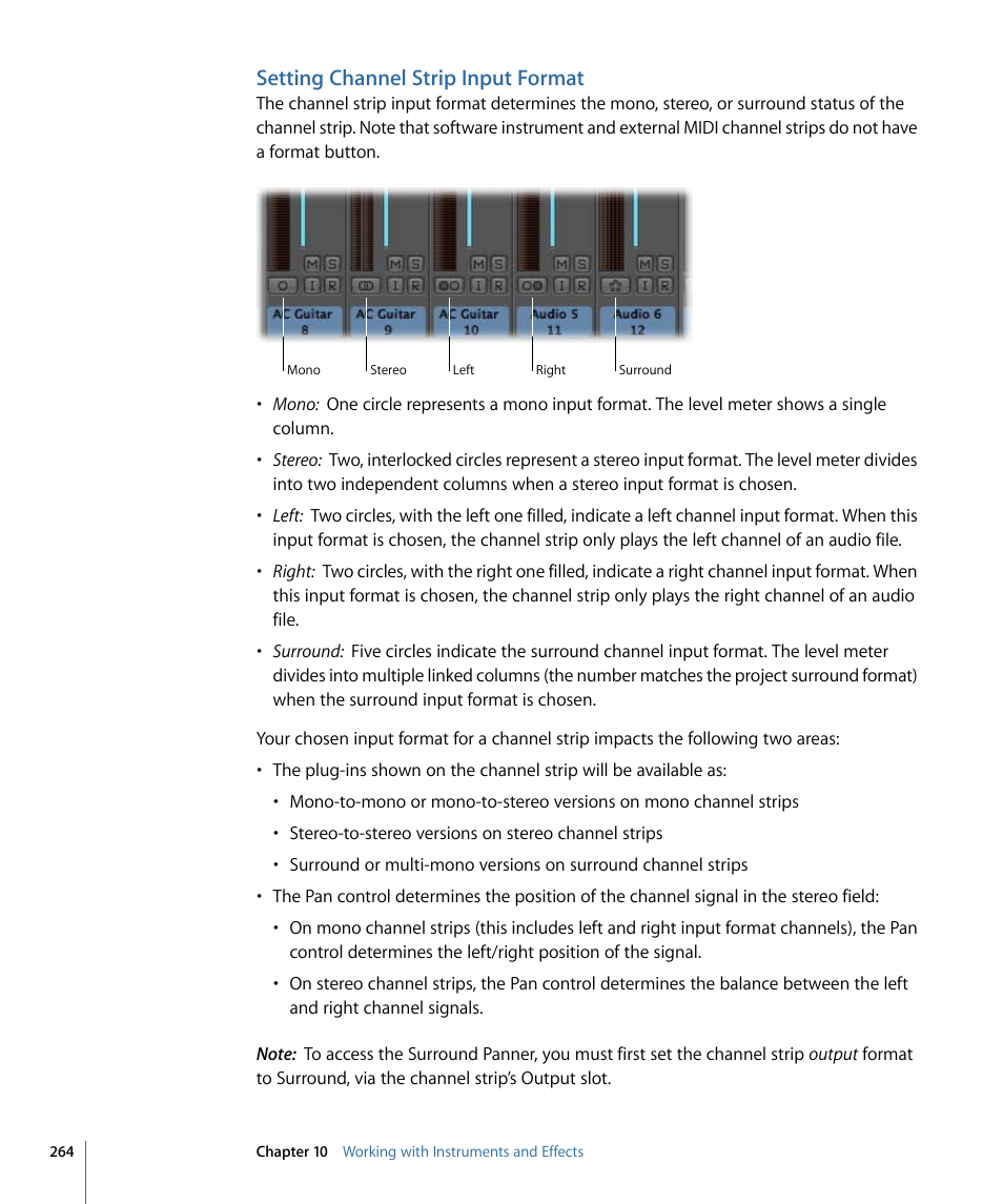 Setting channel strip input format | Apple Logic Pro 9 User Manual | Page 264 / 1340