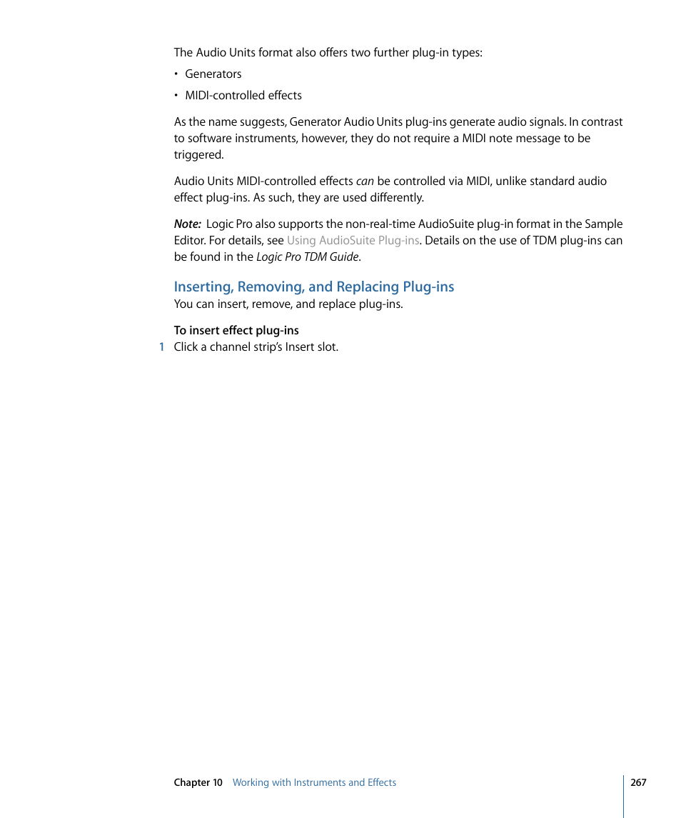 Inserting, removing, and replacing plug-ins | Apple Logic Pro 9 User Manual | Page 267 / 1340