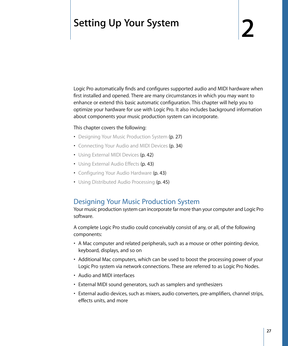 Setting up your system, Designing your music production system | Apple Logic Pro 9 User Manual | Page 27 / 1340