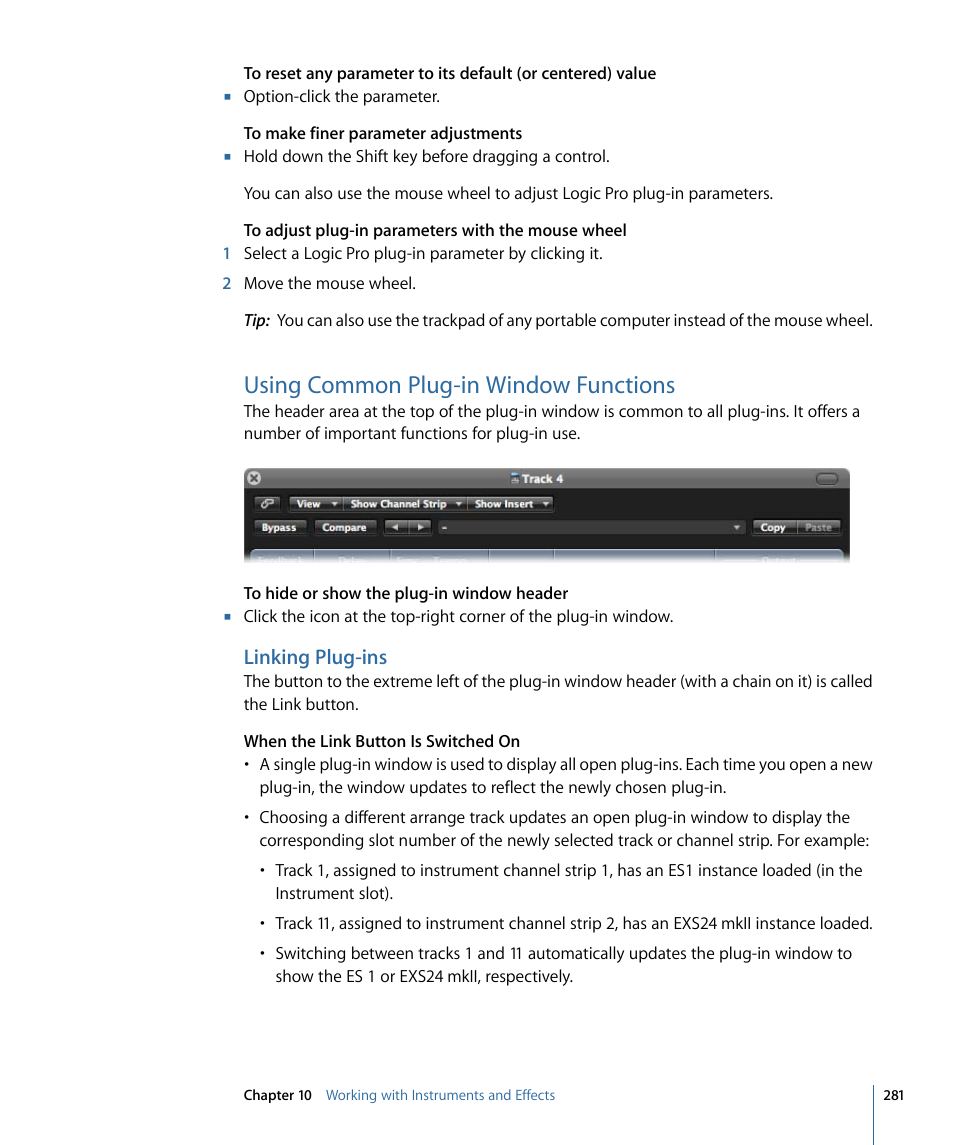 Using common plug-in window functions, Linking plug-ins | Apple Logic Pro 9 User Manual | Page 281 / 1340