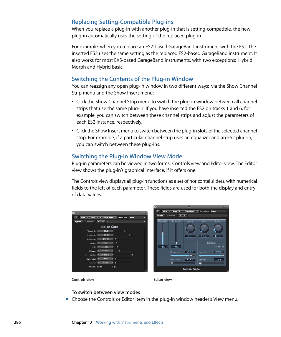 Replacing setting-compatible plug-ins, Switching the contents of the plug-in window, Switching the plug-in window view mode | Apple Logic Pro 9 User Manual | Page 286 / 1340