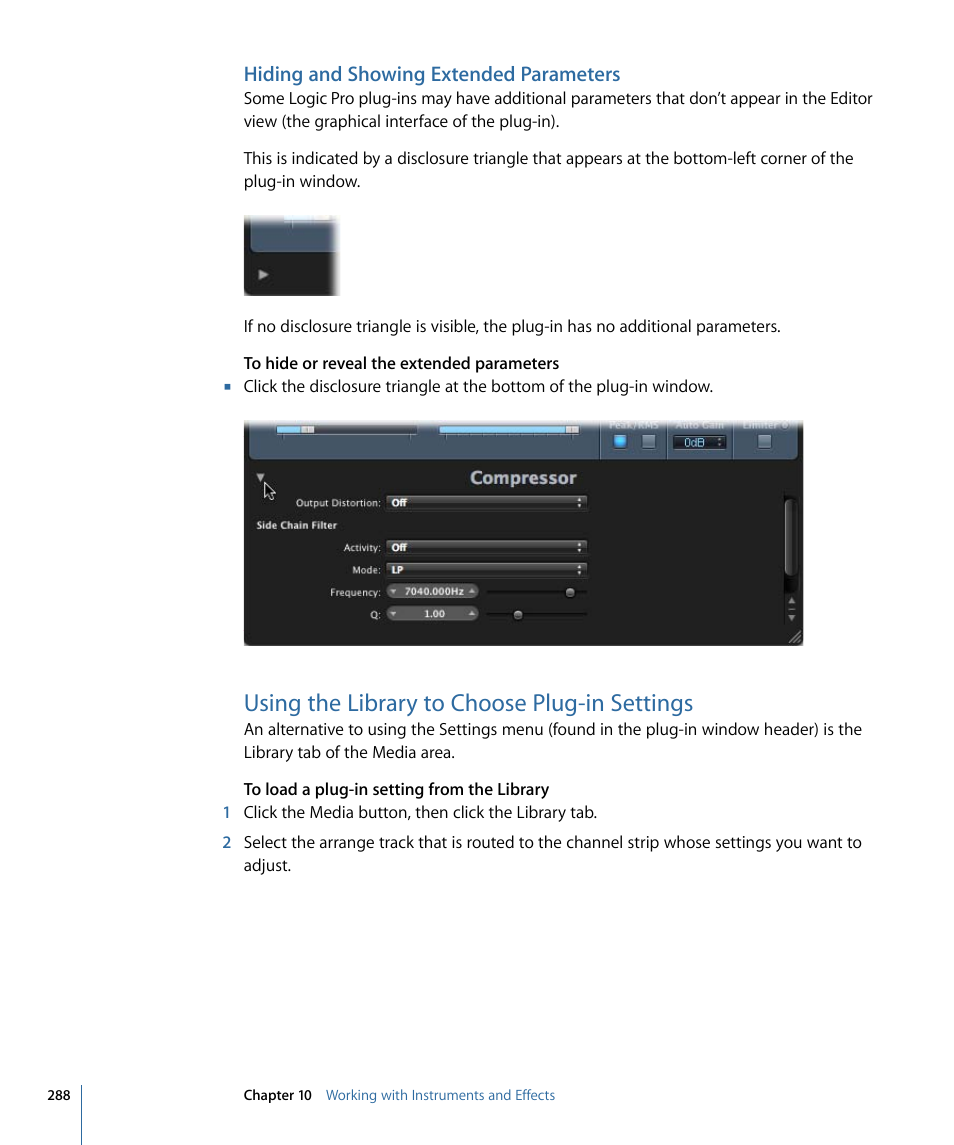Hiding and showing extended parameters, Using the library to choose plug-in settings | Apple Logic Pro 9 User Manual | Page 288 / 1340