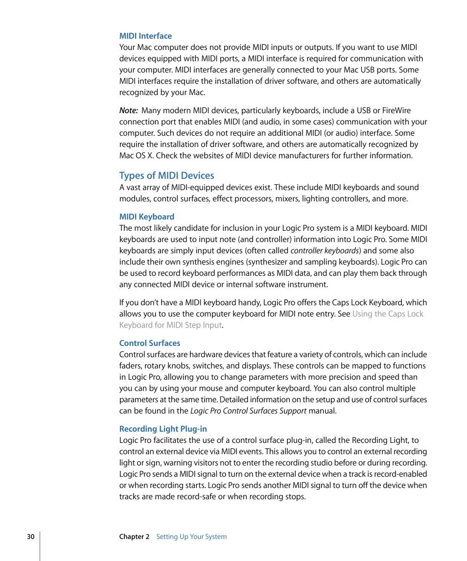 Midi interface, Types of midi devices, Midi keyboard | Control surfaces, Recording light plug-in | Apple Logic Pro 9 User Manual | Page 30 / 1340