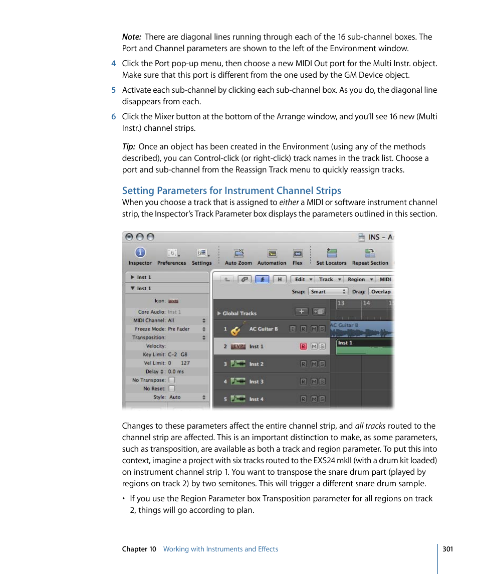 Setting parameters for instrument channel strips | Apple Logic Pro 9 User Manual | Page 301 / 1340