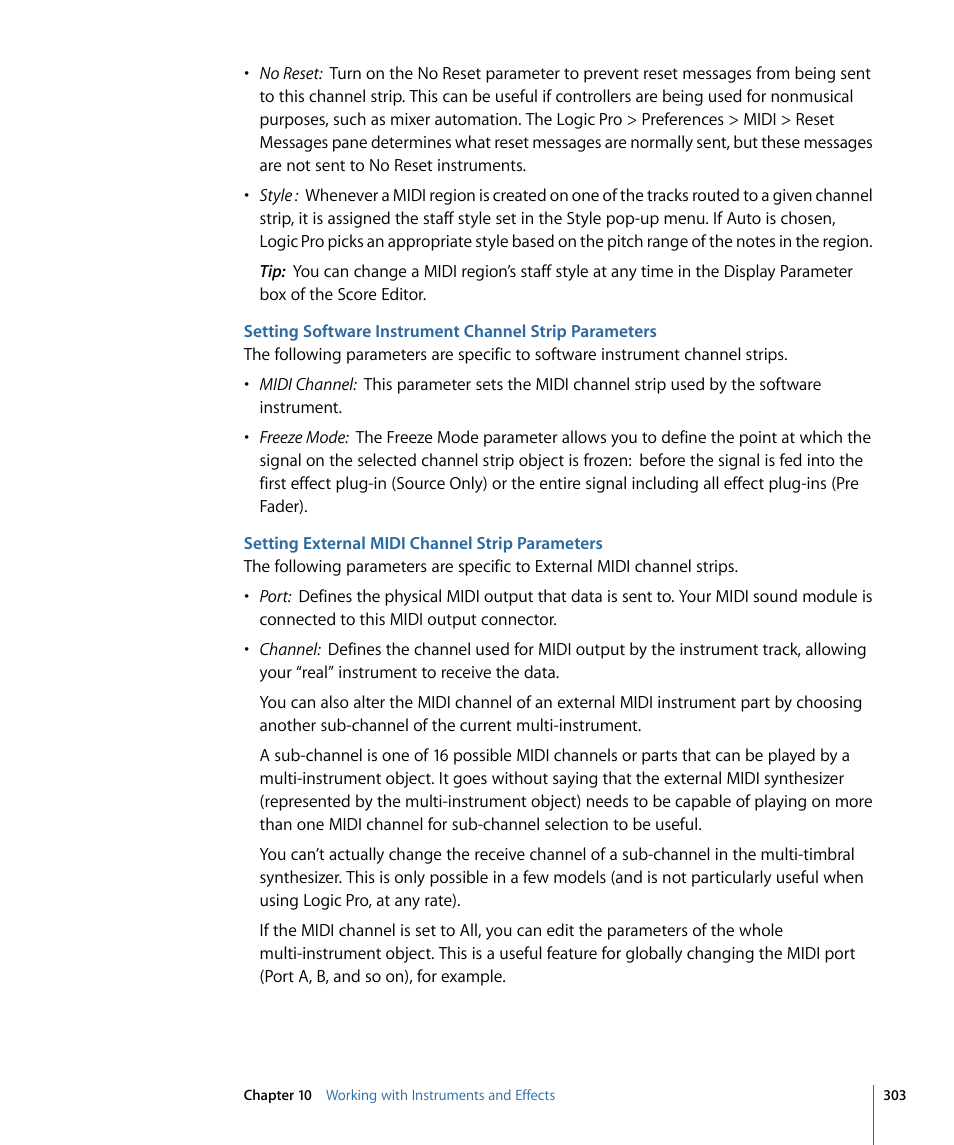Setting external midi channel strip parameters, Setting external, Midi channel strip parameters | Apple Logic Pro 9 User Manual | Page 303 / 1340