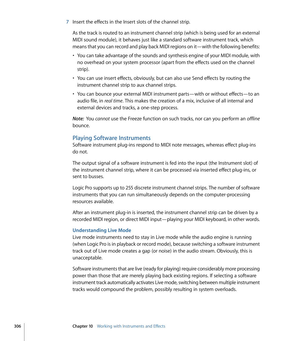 Playing software instruments, Understanding live mode | Apple Logic Pro 9 User Manual | Page 306 / 1340