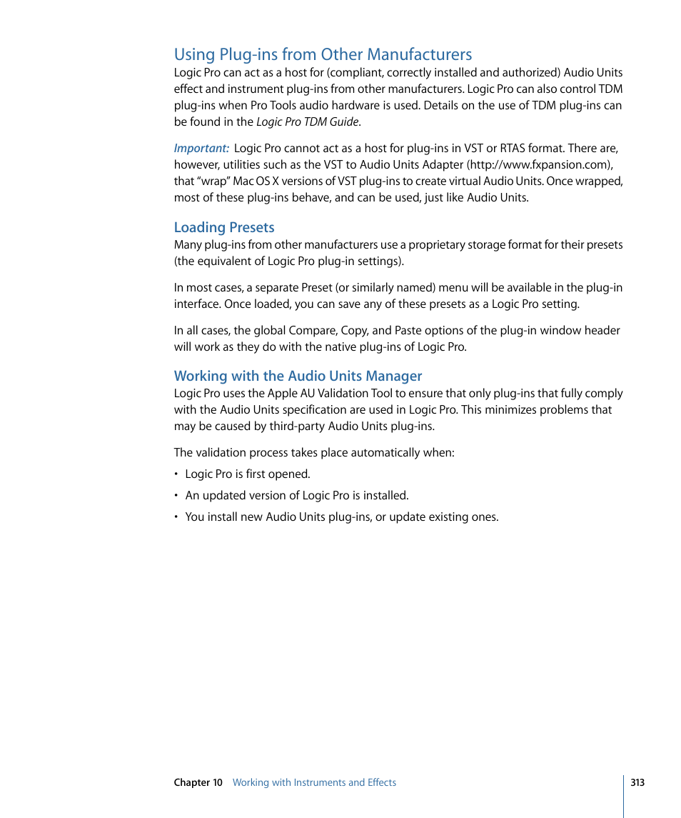 Using plug-ins from other manufacturers, Loading presets, Working with the audio units manager | Apple Logic Pro 9 User Manual | Page 313 / 1340