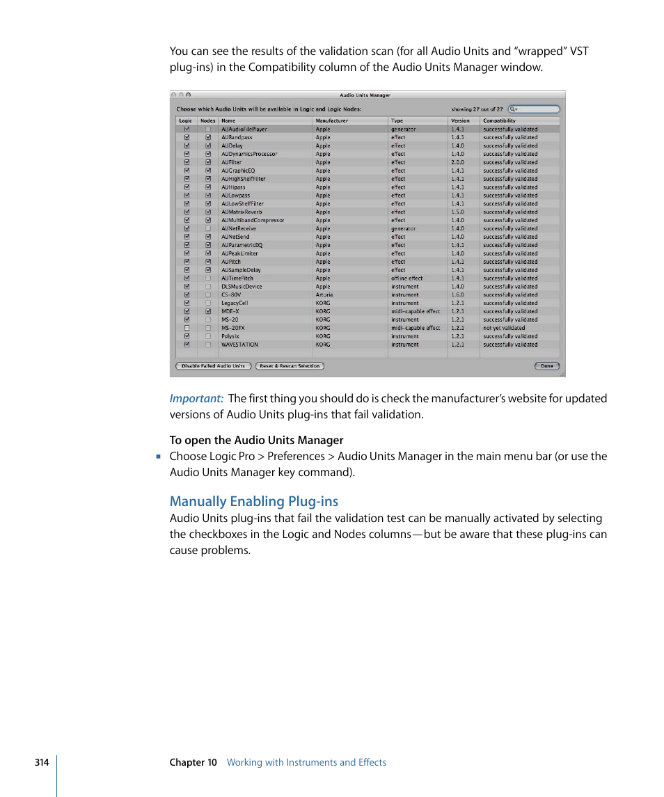 Manually enabling plug-ins | Apple Logic Pro 9 User Manual | Page 314 / 1340