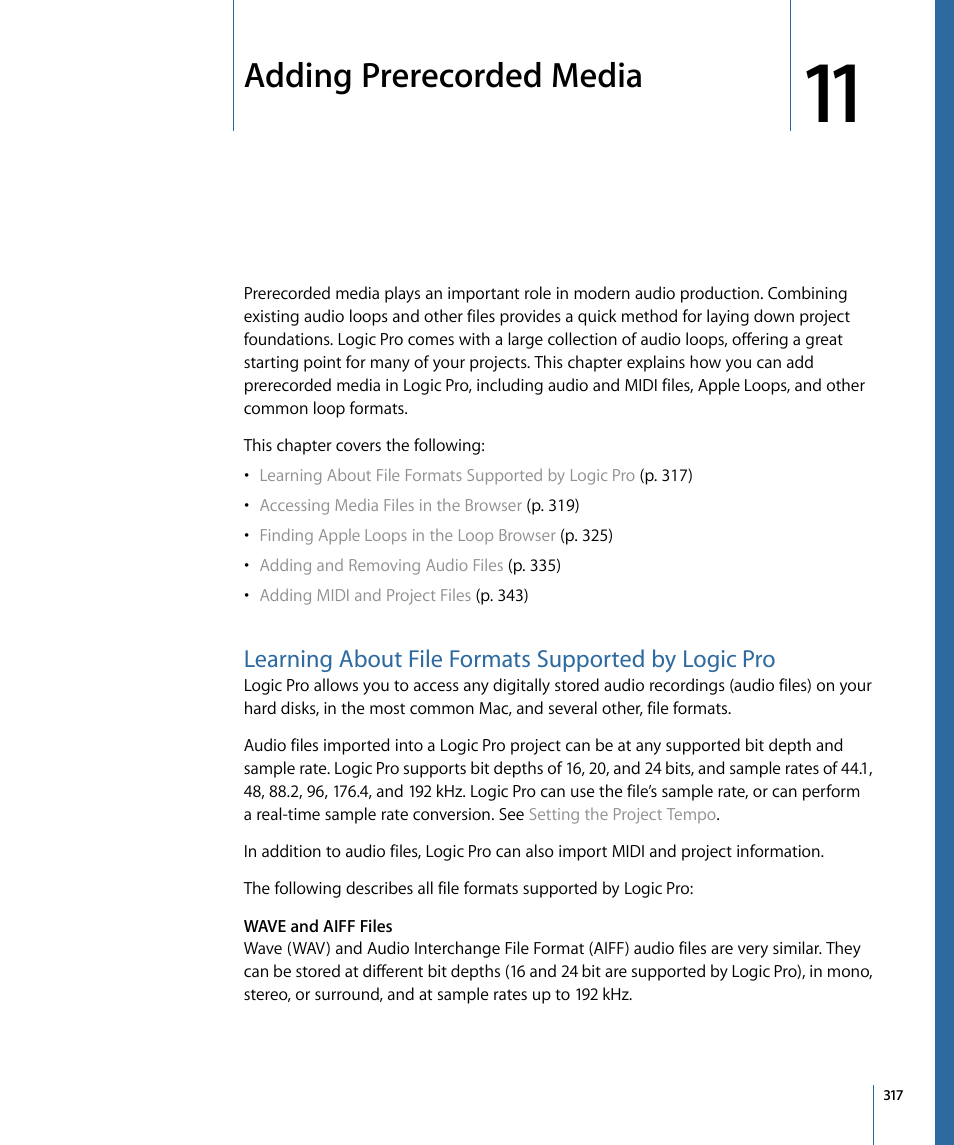 Adding prerecorded media, Learning about file formats supported by logic pro | Apple Logic Pro 9 User Manual | Page 317 / 1340