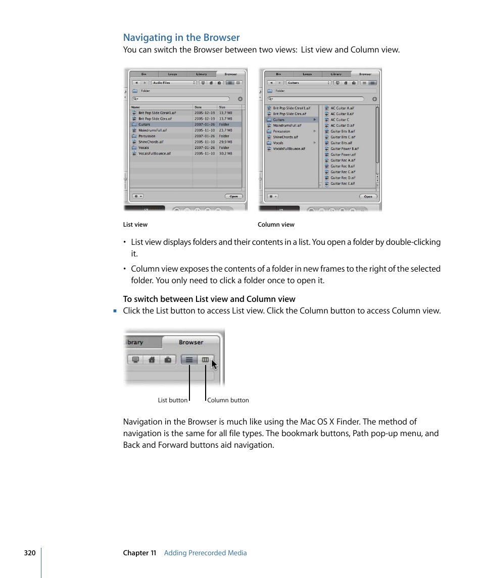 Navigating in the browser | Apple Logic Pro 9 User Manual | Page 320 / 1340