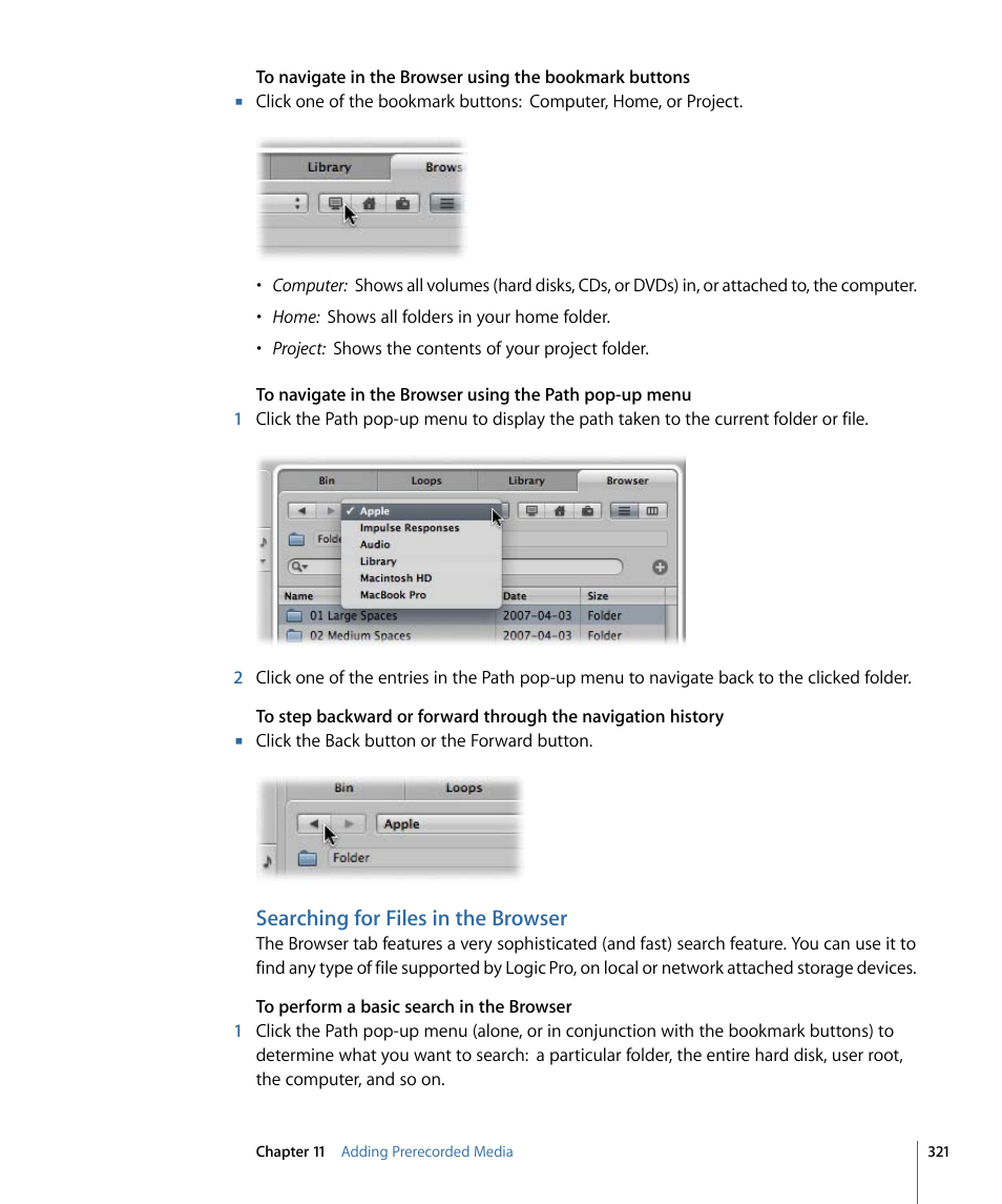 Searching for files in the browser | Apple Logic Pro 9 User Manual | Page 321 / 1340