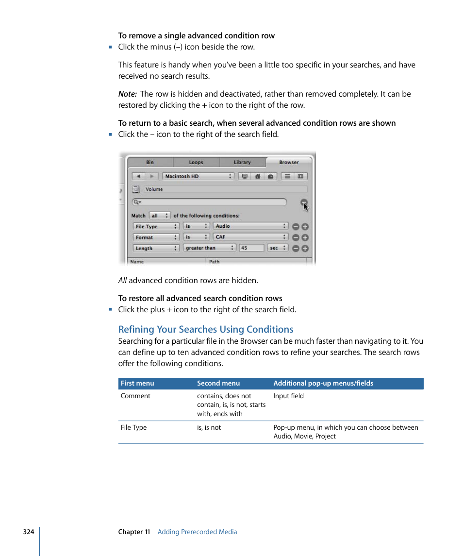 Refining your searches using conditions | Apple Logic Pro 9 User Manual | Page 324 / 1340