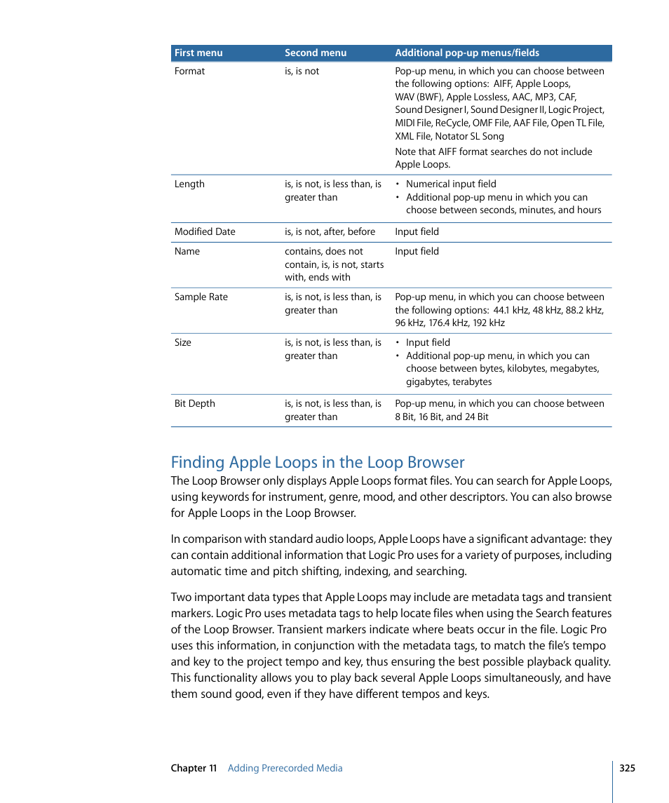 Finding apple loops in the loop browser, Finding, Apple loops in the loop browser | Apple Logic Pro 9 User Manual | Page 325 / 1340