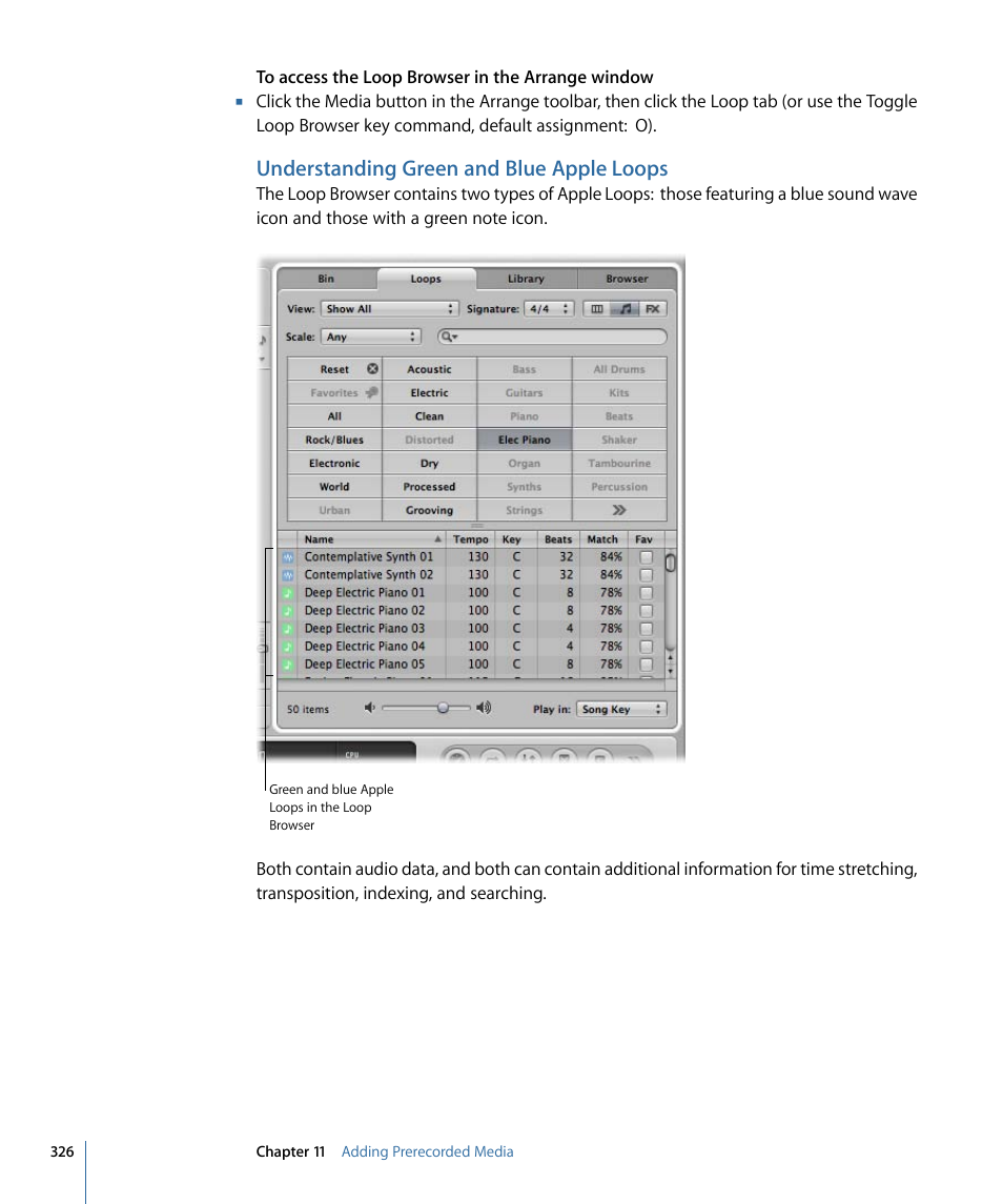 Understanding green and blue apple loops | Apple Logic Pro 9 User Manual | Page 326 / 1340