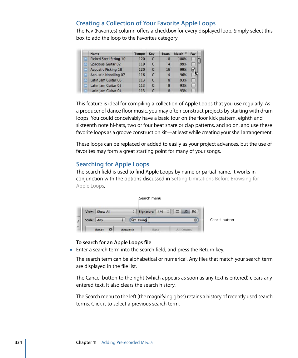 Creating a collection of your favorite apple loops, Searching for apple loops | Apple Logic Pro 9 User Manual | Page 334 / 1340