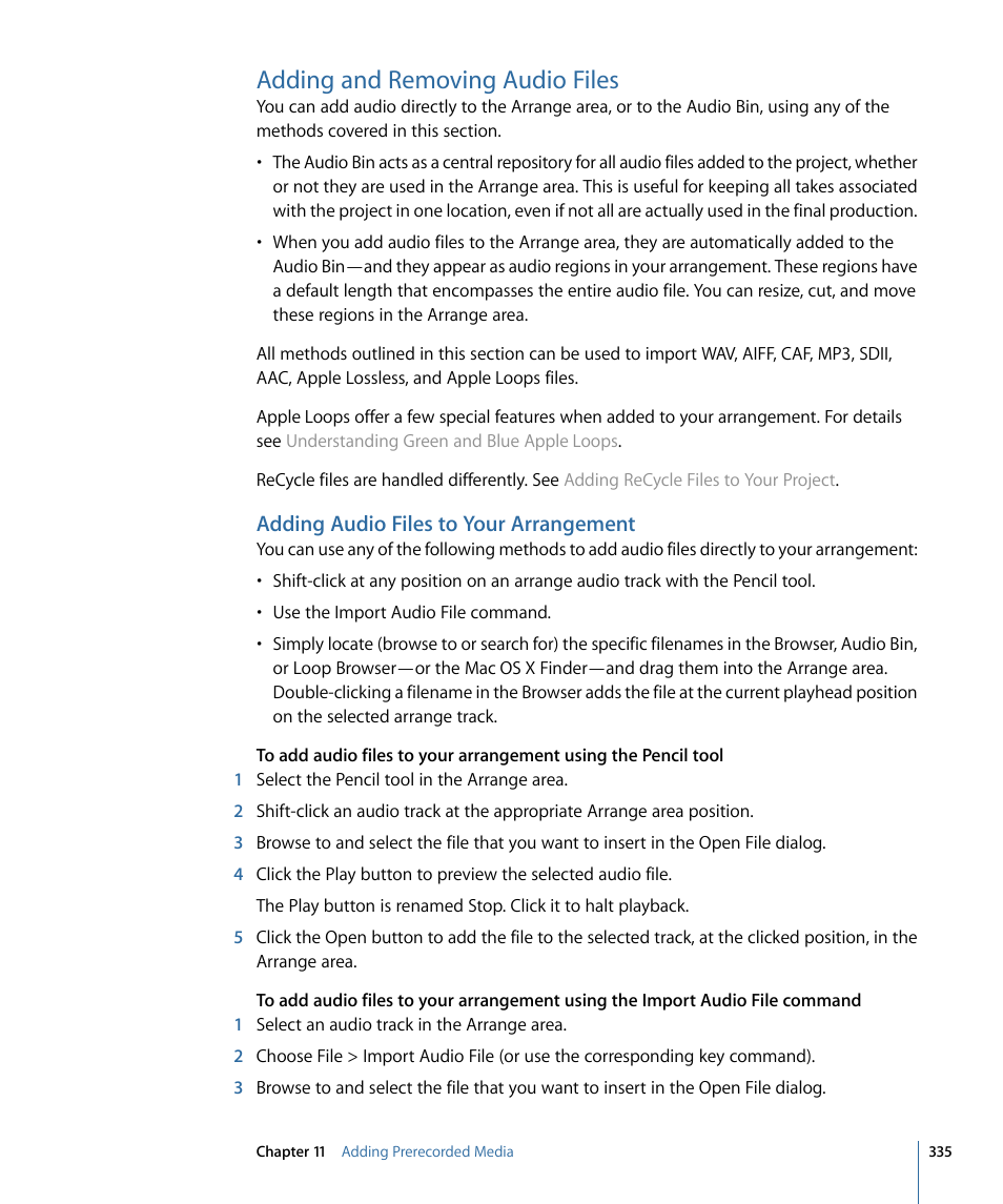 Adding and removing audio files, Adding audio files to your arrangement | Apple Logic Pro 9 User Manual | Page 335 / 1340