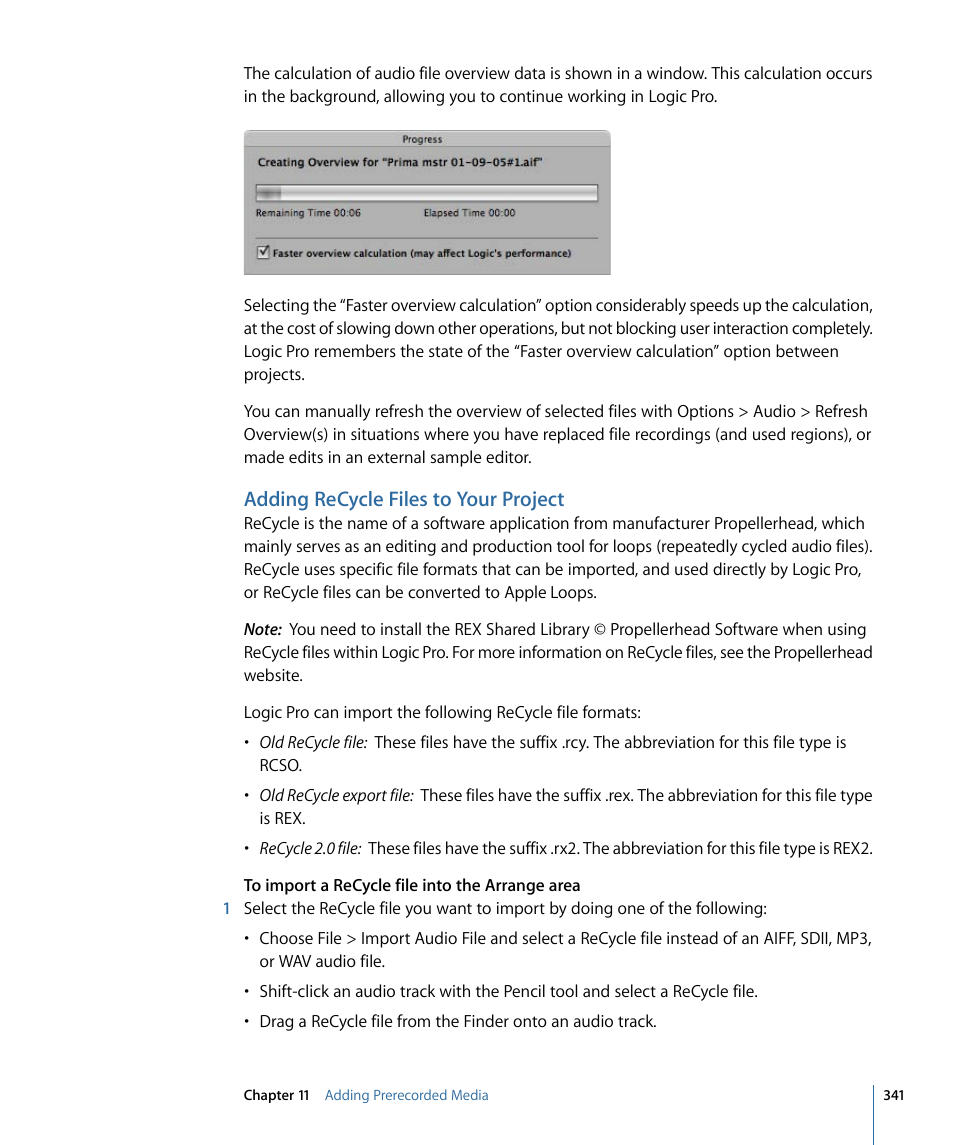 Adding recycle files to your project | Apple Logic Pro 9 User Manual | Page 341 / 1340