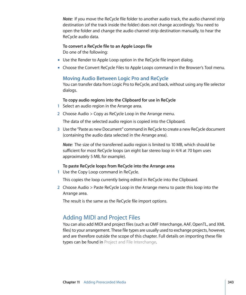 Moving audio between logic pro and recycle, Adding midi and project files | Apple Logic Pro 9 User Manual | Page 343 / 1340