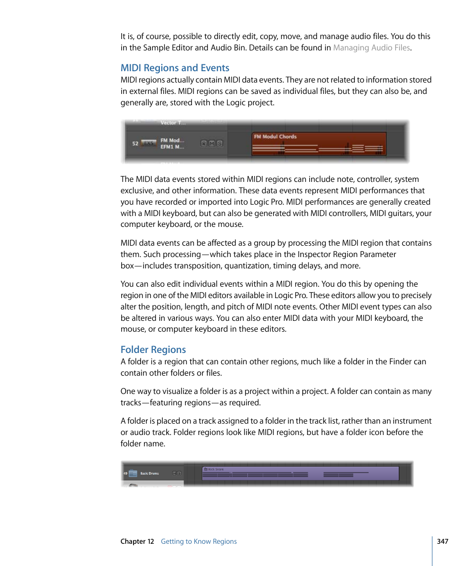 Midi regions and events, Folder regions | Apple Logic Pro 9 User Manual | Page 347 / 1340