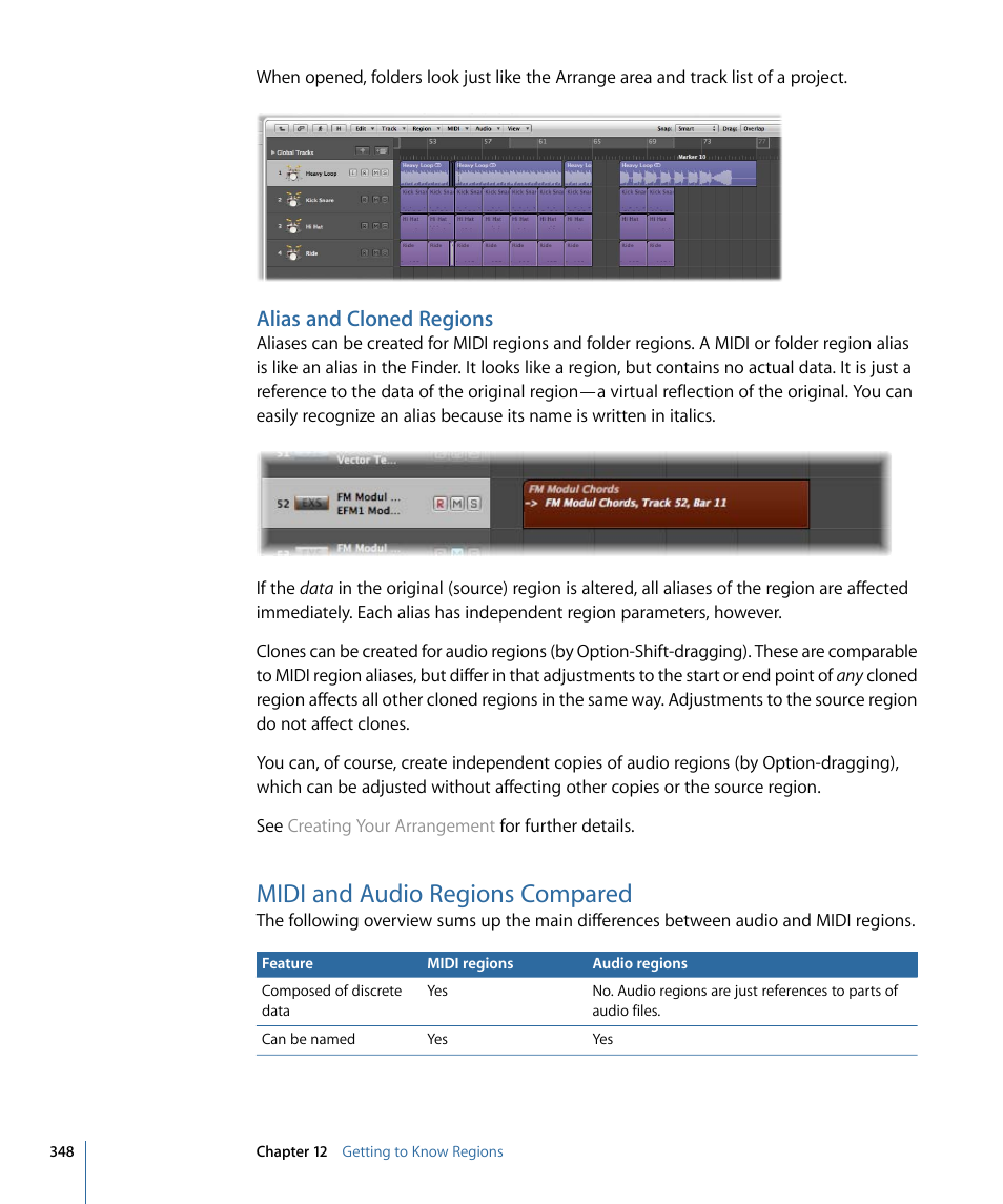 Alias and cloned regions, Midi and audio regions compared | Apple Logic Pro 9 User Manual | Page 348 / 1340