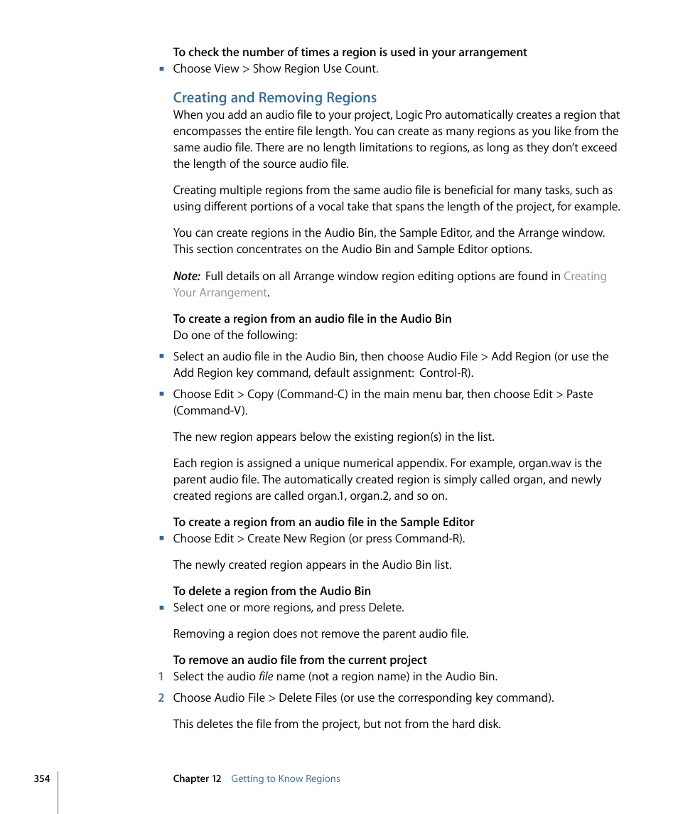 Creating and removing regions | Apple Logic Pro 9 User Manual | Page 354 / 1340