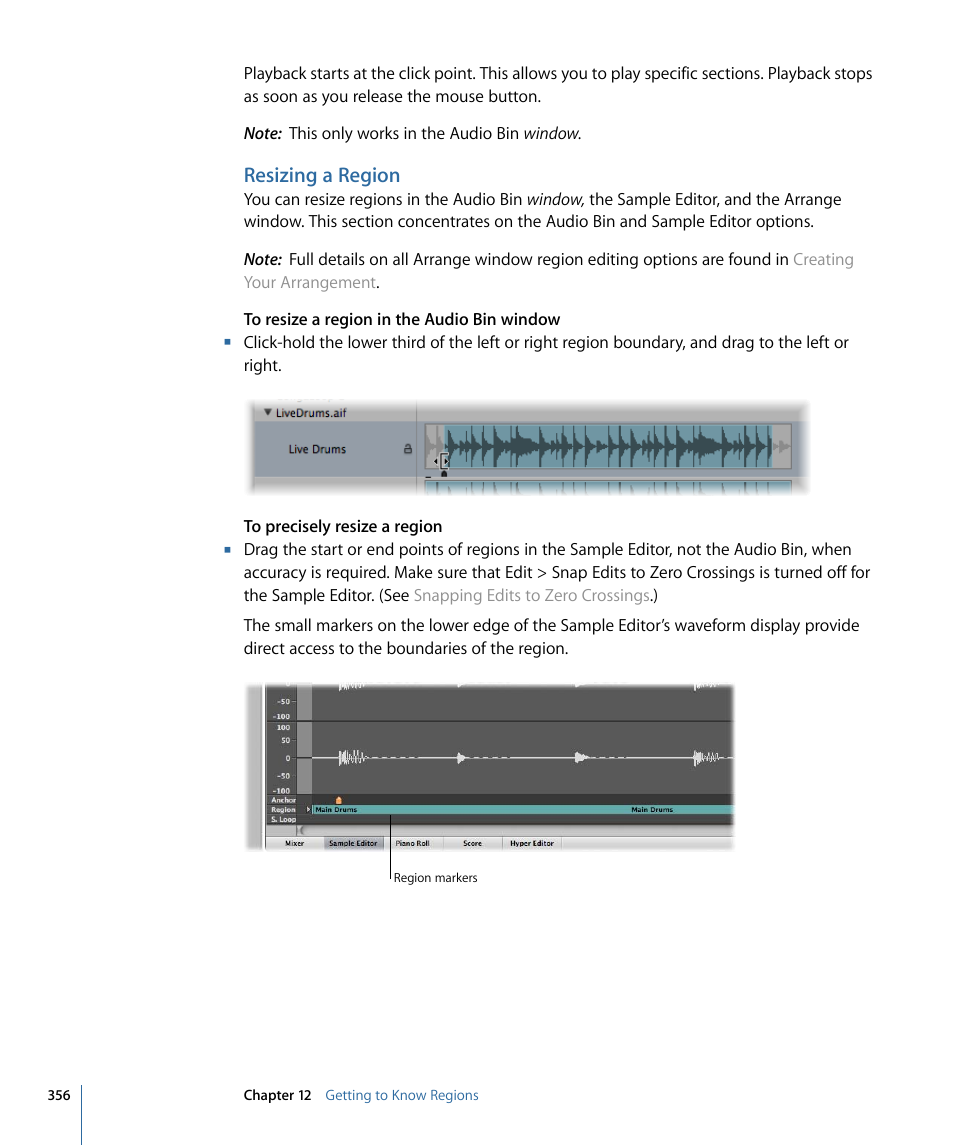 Resizing a region | Apple Logic Pro 9 User Manual | Page 356 / 1340