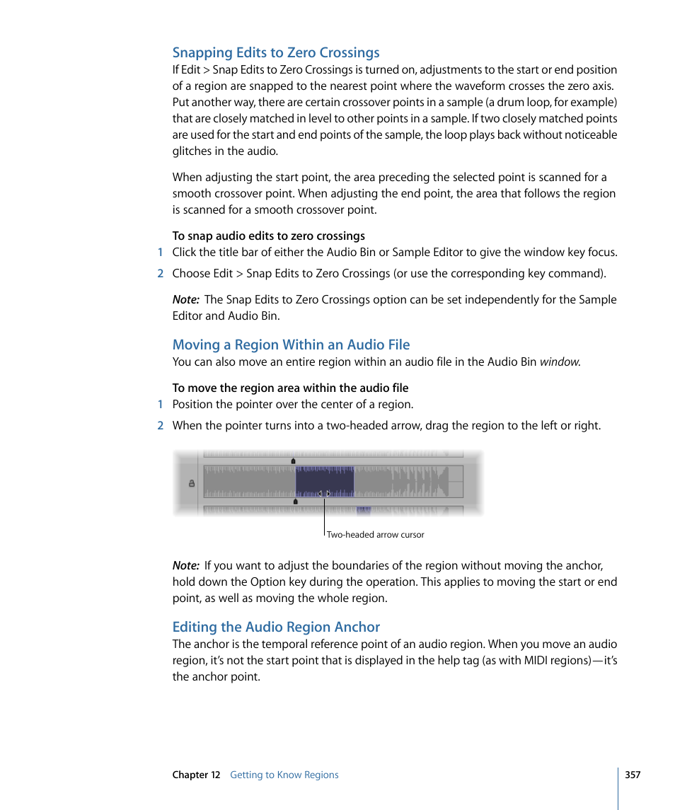 Snapping edits to zero crossings, Moving a region within an audio file, Editing the audio region anchor | Apple Logic Pro 9 User Manual | Page 357 / 1340