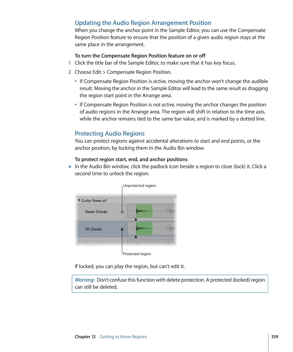Updating the audio region arrangement position, Protecting audio regions | Apple Logic Pro 9 User Manual | Page 359 / 1340