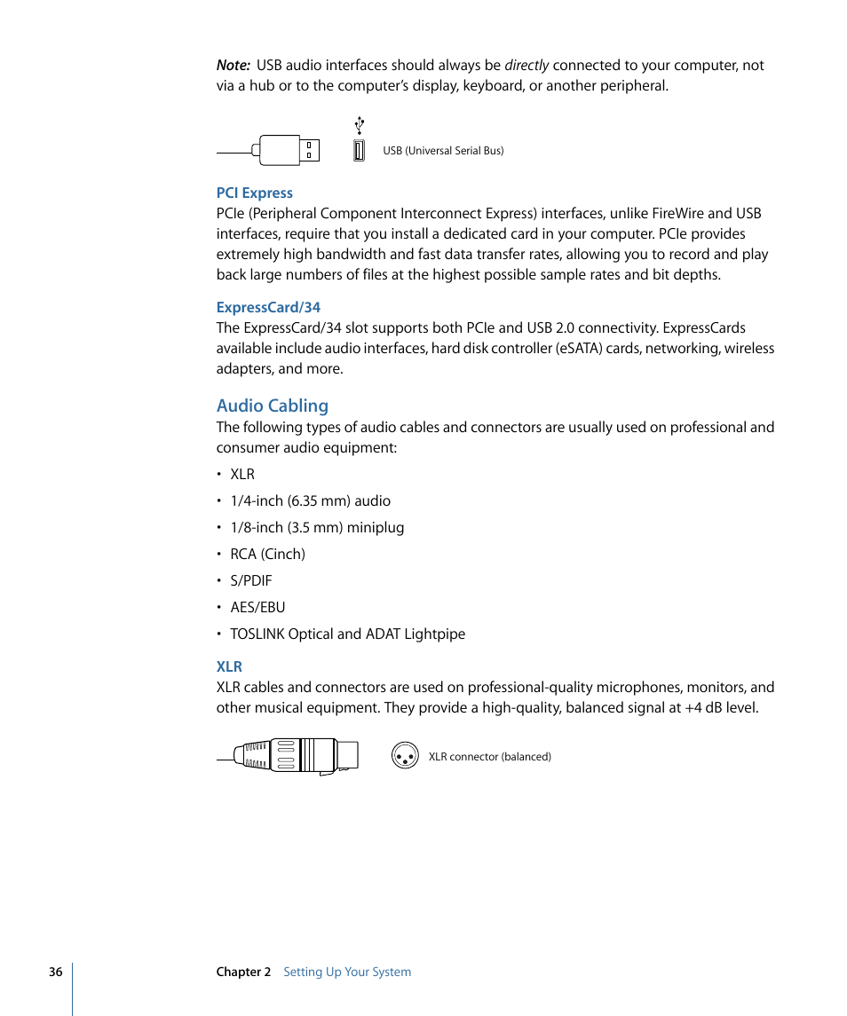 Pci express, Expresscard/34, Audio cabling | Apple Logic Pro 9 User Manual | Page 36 / 1340