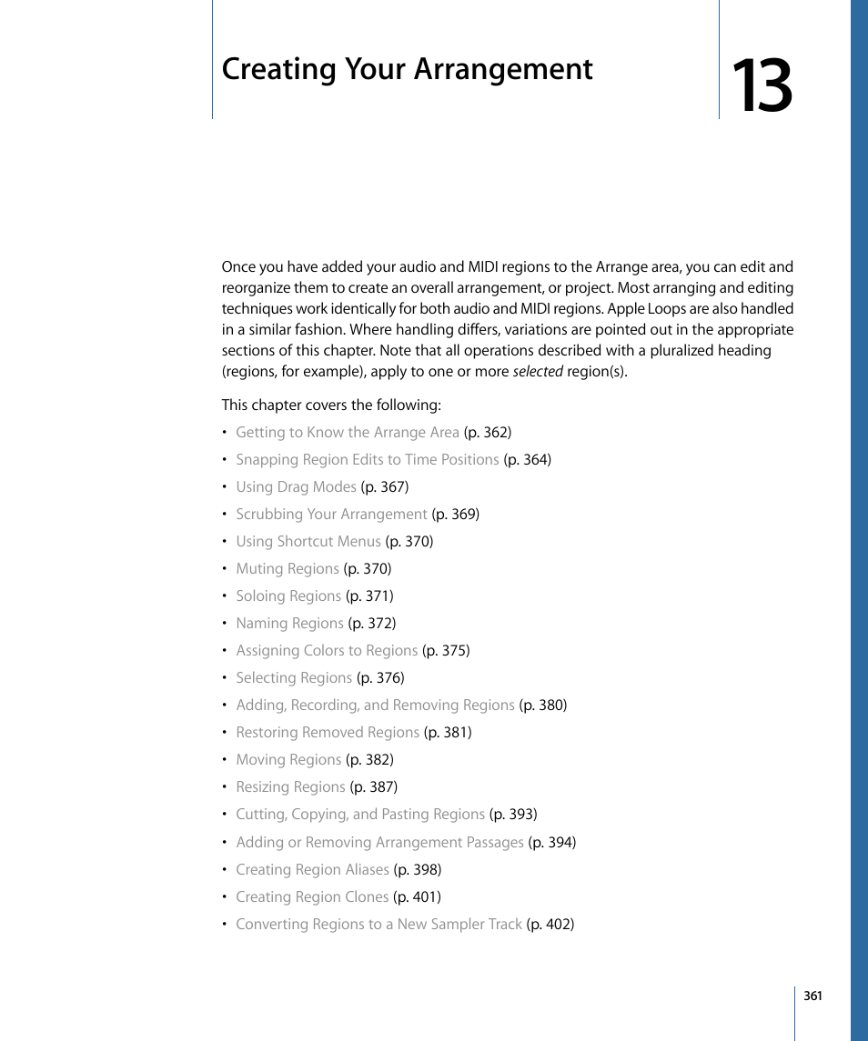 Creating your arrangement, Creating, Your arrangement | Apple Logic Pro 9 User Manual | Page 361 / 1340
