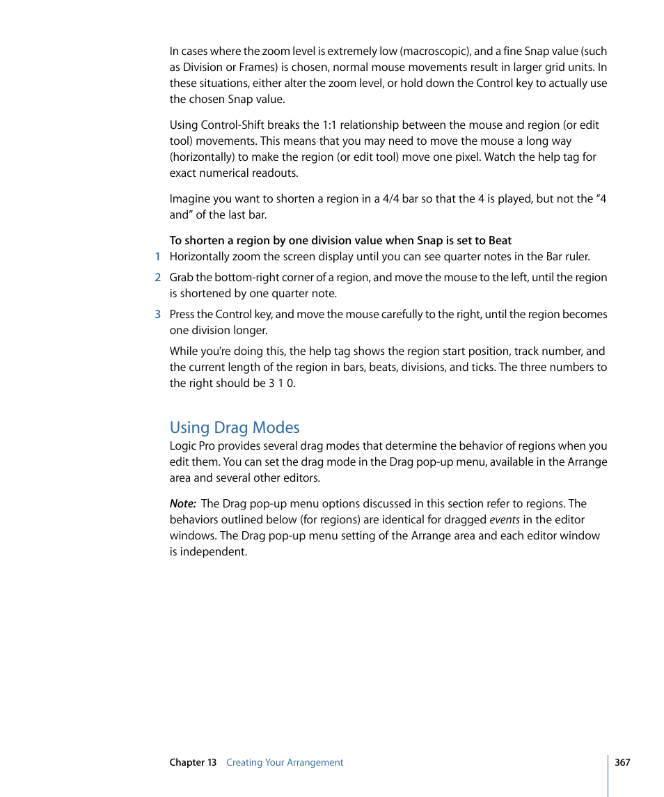 Using drag modes | Apple Logic Pro 9 User Manual | Page 367 / 1340